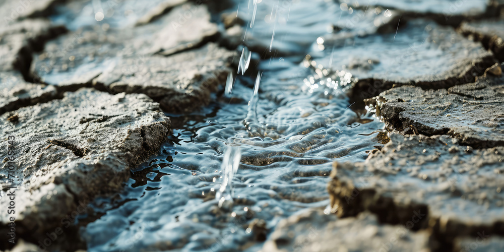 Image showcasing Water Droplet in a puddle on Cracked Earth. A single water droplet ...