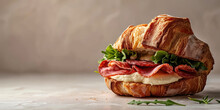 Toasted Croissant Sandwich with Salami and Mozzarella. Gourmet croissant sandwich with salami, mozzarella cheese, and fresh arugula on a flat background.