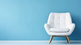 Fototapeta  - Modern white velour chair on wooden legs isolated on blue background copy space. AI generated image