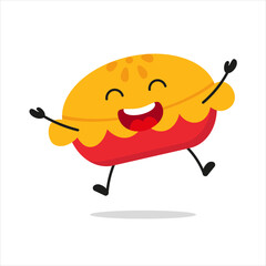 Wall Mural - Cute happy apple pie. Funny victory jump celebration pastry cartoon emoticon in flat style. bakery vector illustration