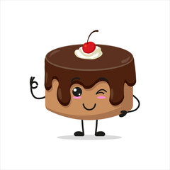 Wall Mural - Cute happy chocolate cake. Funny smiling and wink dessert cartoon emoticon in flat style. bakery vector illustration