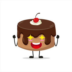 Wall Mural - Cute excited chocolate cake. Funny electrifying dessert cartoon emoticon in flat style. bakery vector illustration