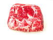 Uncooked strip loin joint on white background. Raw high quality and price piece of beef meat.