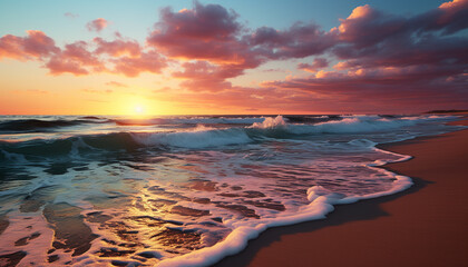 Wall Mural - Sunset over the tranquil coastline, nature golden beauty generated by AI