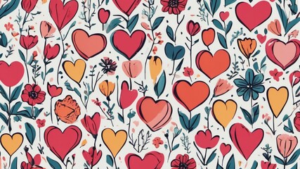 Love heart seamless pattern illustration. Trendy hand-drawn doodle seamless pattern with hearts. Valentine's day holiday backdrop texture, generative AI