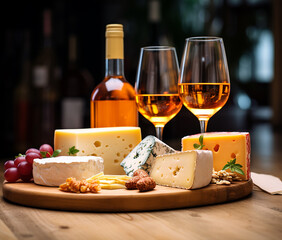 Wall Mural - Gourmet meal, wine bottle, cheese slice, French culture generated by AI