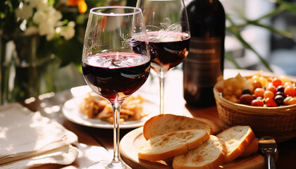 Sticker - Wine, food, drink, outdoors, wineglass, table, picnic, bread generated by AI