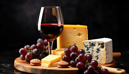 Wall Mural - Gourmet wine and cheese on rustic wooden table generated by AI