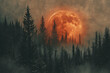 Illustration of a blood moon rising over a forest of pine trees
