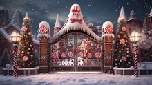 A Gate Surrounded By Animated Holographic Gingerbread Men And Candy Canes