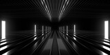 Fototapeta Fototapety przestrzenne i panoramiczne - Sci Fi neon glowing lines in a dark tunnel. Reflections on the floor and ceiling. Empty background in the center. 3d rendering image. Abstract glowing lines. Technology futuristic background.