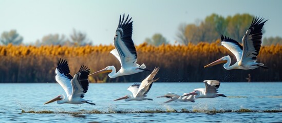 Canvas Print - Birds displaying natural biodiversity, pelicans, herons, and egrets, soar gracefully above the serene Danube delta waters.