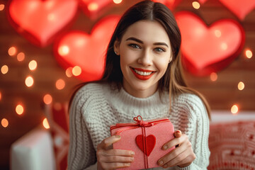 Smiling young woman celebrating Valentine`s Day, happy adult girl with gift box on bokeh lights background, romantic home design. Concept of love, party, heart, fun and romance