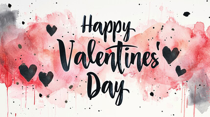 Wall Mural - Happy Valentine`s Day card, watercolor style, greeting lettering and black gothic heart shapes on white paper background. Concept of text, pastel design, love, banner, handmade, water