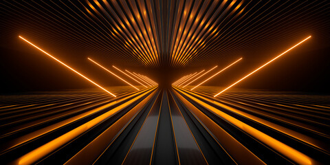 Fototapete - Sci Fi neon glowing lines in a dark tunnel. Reflections on the floor and ceiling. Empty background in the center. 3d rendering image. Abstract glowing lines. Technology futuristic background.