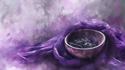 Wall Mural - Watercolor illustration of Ash Wednesday concept, featuring a bowl of ashes on a purple cloth, soft and reflective ambiance, delicate brushstrokes capturing the solemn mood
