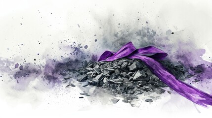 Wall Mural - Watercolor painting illustrating the essence of Ash Wednesday, with a focus on a pile of ashes and a purple ribbon, gentle and introspective mood