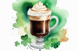 Irish coffee mug with whipped cream and clover, free space for text, background illustration for St. Patrick's Day