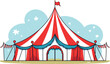 Red and white striped circus tent with blue trim and flag on top. Festive carnival marquee against blue sky. Entertainment and amusement park theme vector illustration.