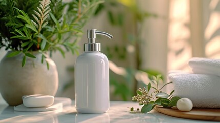 Poster - A white bottle of soap sitting on a table next to towels, AI