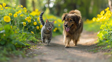 A Well-groomed And Happy Dog And Cat Run Along A Path In A Summer Park Against A Backdrop Of Yellow Flowers.
