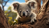 Fototapeta Tęcza - Cute koala sitting on tree branch, looking fluffy generated by AI