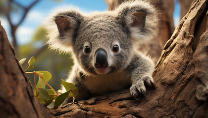 Canvas Print - Cute koala sitting on tree branch, looking fluffy generated by AI