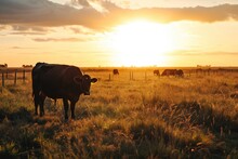 Beautiful Sunset In Argentine Field With Grazing Cows.