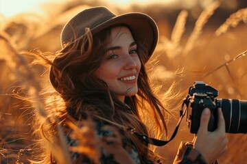 Wall Mural - Happy young model with camera in hand, wearing hat.