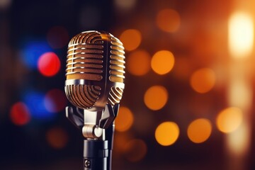Aufkleber - Microphone, headphones, live music, blurred lights, music background.