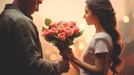 Wall Mural - Oil painting illustration. Young man in love gives woman a bouquet of flowers. Happy couple. Romantic moment. Ideal for love, relationships, and Valentines celebrations.