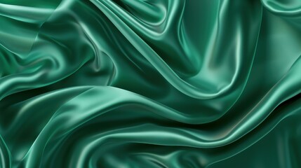 Wall Mural - Green drapery silk fabric luxury background. Wavy abstract satin cloth vector texture pattern. Smooth shiny drape material curtain. Elegant velvet curve motion image realistic horizontal design