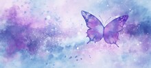 Watercolor Illustration Of Butterfly On Pastel Delicate Blue Pink Purple Background With Watercolor Splashes And Stains. . Banner With Copy Space. The Concept Of Delicate Beauty Of Nature.