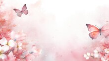 Butterflies With Translucent Wings Against A Soft Watercolor Background Adorned With Delicate Floral Blooms. Peach Pink Colors. Suitable For Spring-themed Decor And Nature-inspired Designs.