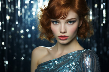 Wall Mural - Young glamorous redhead woman with bright makeup in a blue sequin dress on a sparkling background. Concept for masquerade, holiday, corporate party and nightlife