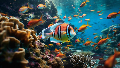 Poster - Underwater fish reef, nature multi colored beauty in aquatic motion generated by AI