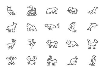 Wild animal line icons minimal style. Wildlife animals crocodile giraffe elephant gorilla raccoon vector line icon collection.