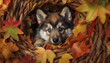 Cute puppy playing in autumn forest, surrounded by colorful leaves generated by AI