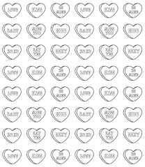 Wall Mural - Vector seamless pattern of groovy retro cartoon outline Valentine love candies isolated on white background