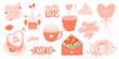 Valentines day hand drawn stickers. Cute vector illustrations and lettering quotes.