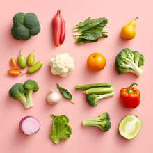 Fresh Vegetables Arrangement, On Pink Background. Healthy Life. Still Life Concept. Flat Lay.
