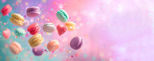 Colorful Macarons Banner With Copy Space With Hearts Flying In Air On Pink And Purple Background In Pastel Colours