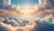 Radiant sunset above billowing clouds, a heavenly abstract illustration in extra-wide format exuding hope and divine beauty