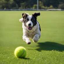 Black White Dog Chasing Bouncing Tennis Ball Field Park Green Grass Curly Spaniel
