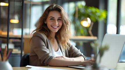 Wall Mural - Young Happy Professional Business Woman Worker Employee Sitting at Desk Working on Laptop in Corporate Office. Smiling Female Student Using Computer Technology Learning Online, Doing Web Research