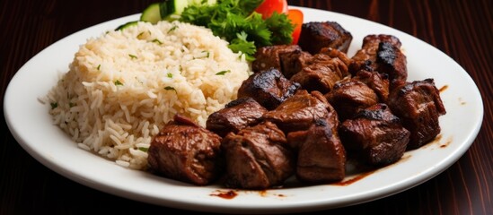 Wall Mural - Popular dish with rice and meat on a white plate.