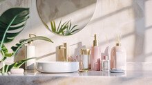 Cosmetic Product Display Bathroom Interior Background . Generative AI