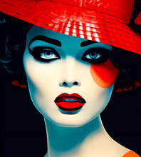 Portrait Of A Blue Eyed Woman In Red Hat, Colorful Makeup With A Black Background