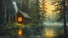Wooden Cabin By The Forest River  Seamless Looping 4k Time-lapse Virtual Video Animation Background. Generated AI