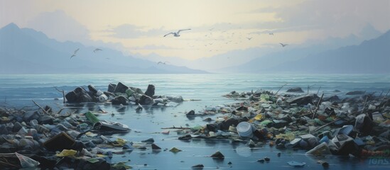 Wall Mural - Ocean pollution, especially plastics, endangers marine life on a distant tropical island in the western Pacific.